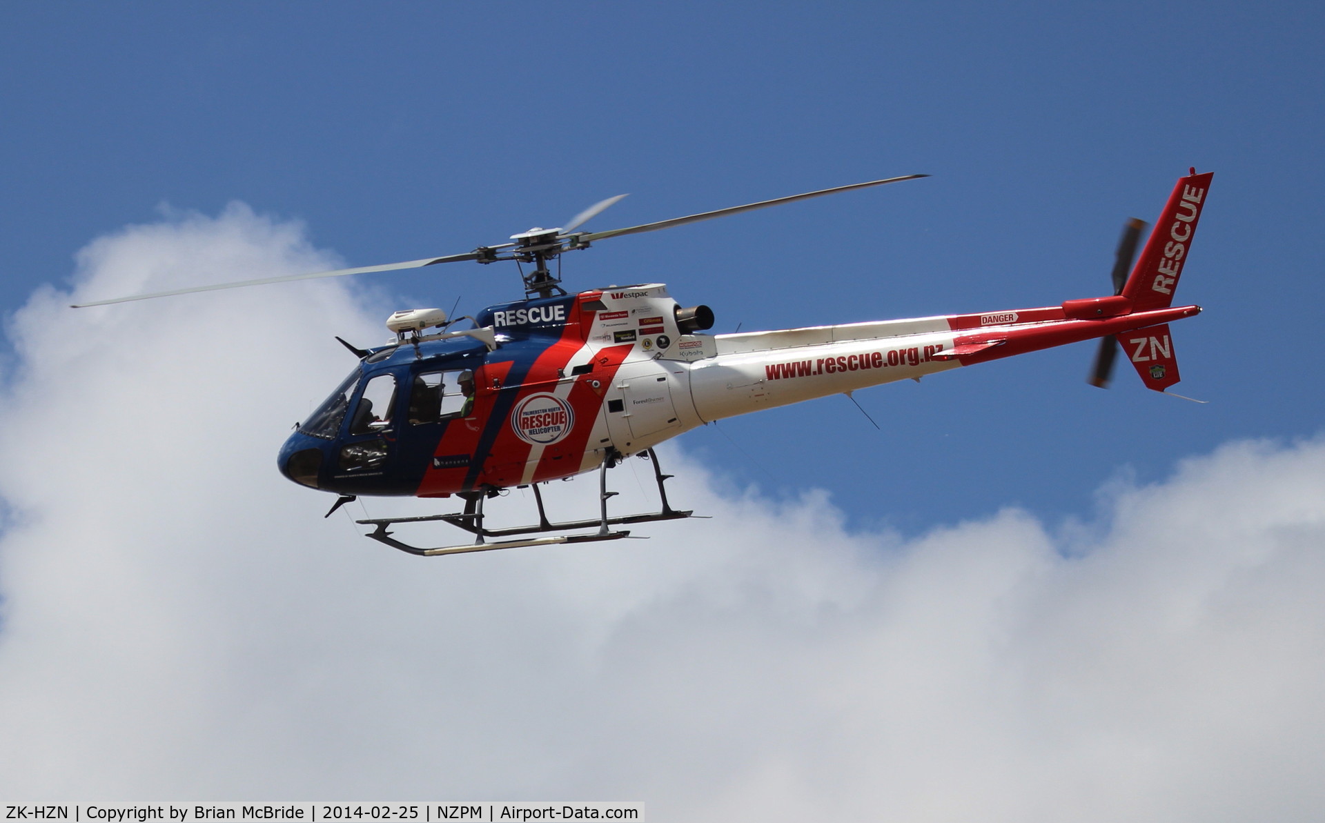 ZK-HZN, Aerospatiale AS-350BA Ecureuil C/N 1815, Palmerston North Rescue Helicopter. Aerospatiale AS 350BA. ZK-HZN cn 1815. Palmerston North (PMR NZPM). Image © Brian McBride. 25 February 2014