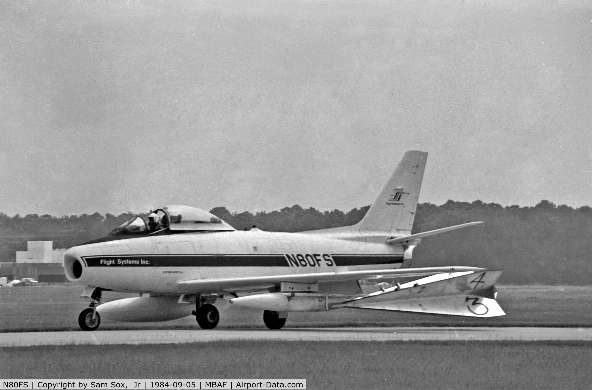 N80FS, 1958 Canadair CL-13B Sabre 6 C/N S6-1675, While visiting MBAFB Summer 1984, photographed N80FS who was there providing aerial targets for A-10s of the 354th FG.