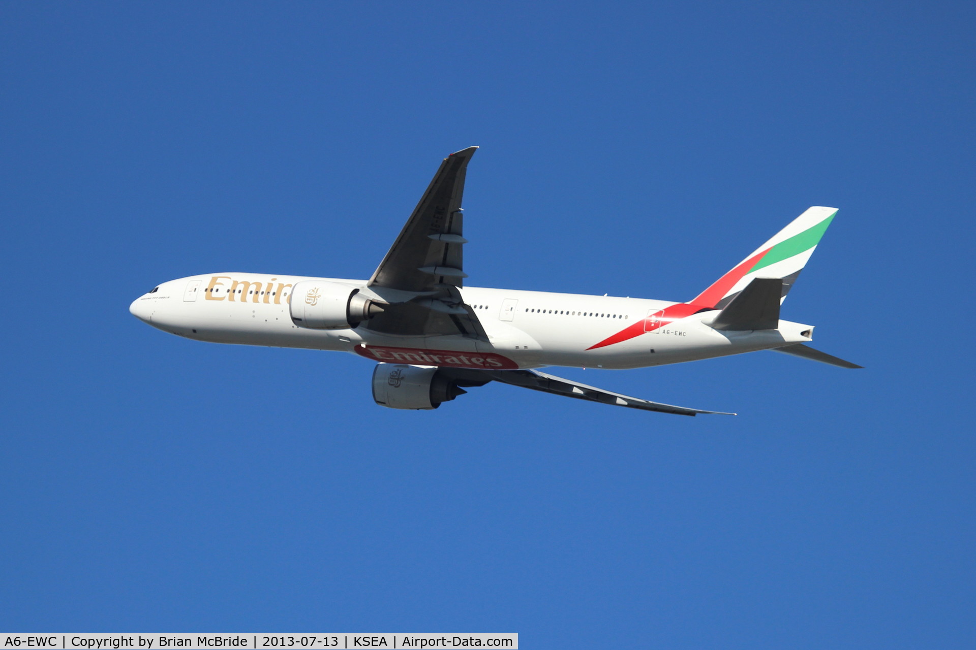 A6-EWC, 2007 Boeing 777-21H/LR C/N 35576, Emirates. 777-21HLR. A6-EWC cn 35576 677. Seattle Tacoma - International (SEA KSEA). Image © Brian McBride. 13 July 2013