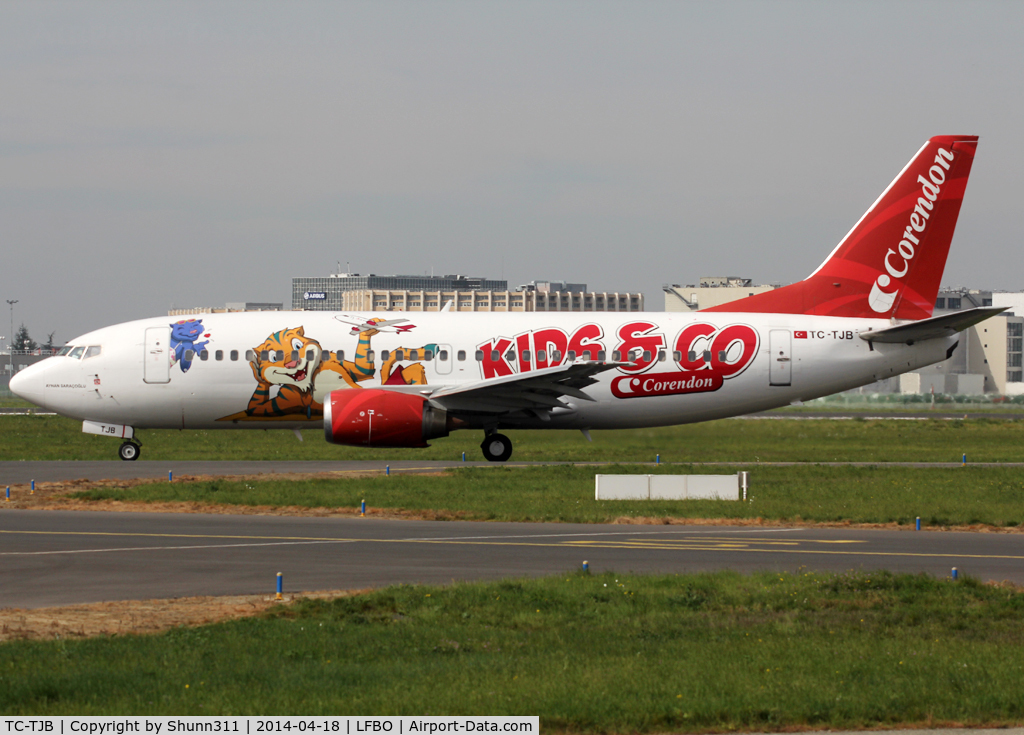 TC-TJB, 1997 Boeing 737-3Q8 C/N 27633/2878, Taxiing holding point rwy 32R for departure - Kids & Co c/s (left side)