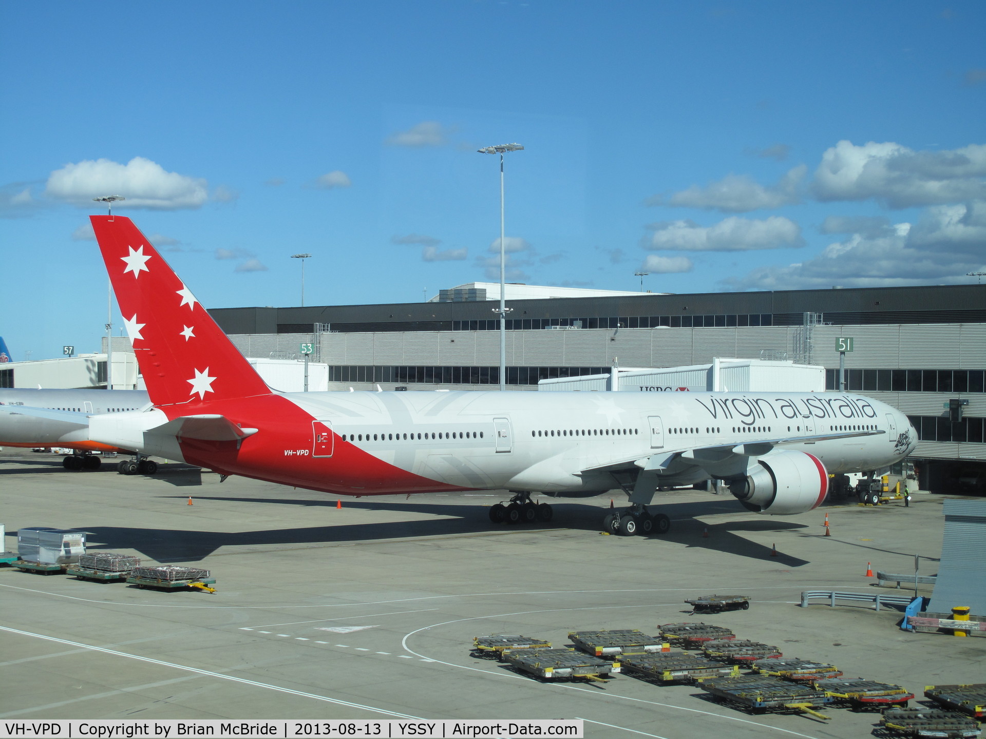 VH-VPD, 2009 Boeing 777-3ZG/ER C/N 37938, Virgin Australia Airlines. 777-3ZGER. VH-VPD cn 37938 756. Sydney - Kingsford Smith International (Mascot) (SYD YSSY). Image © Brian McBride. 13 August 2012