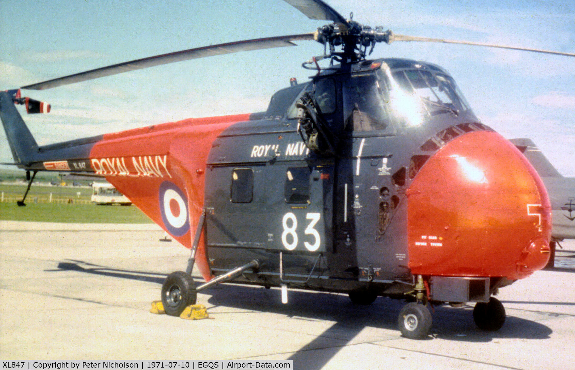 XL847, 1958 Westland Whirlwind HAS.7 C/N WA209, Whirlwind HAS.7 of the RNAS Lossiemouth SAR Flight on display at the 1971 Airshow.