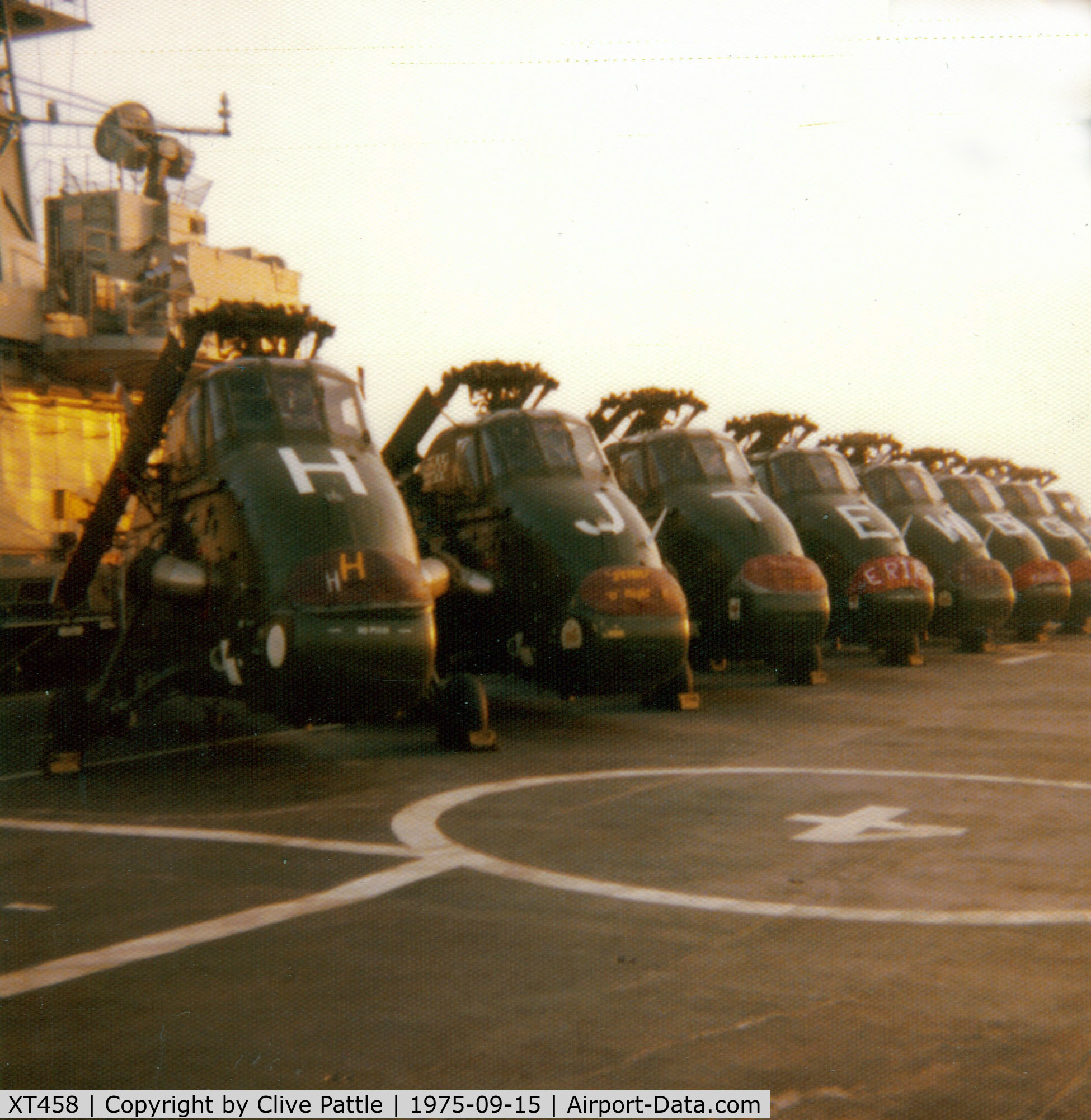 XT458, 1965 Westland Wessex HU.5 C/N WA280, A line-up of 845 NAS Westland Wessex on HMS Hermes, pictured in September 1975 during Exercise Deep Express '75. Picture taken on an instamatic camera hence poor quality, but submitted for sharing/historical purposes