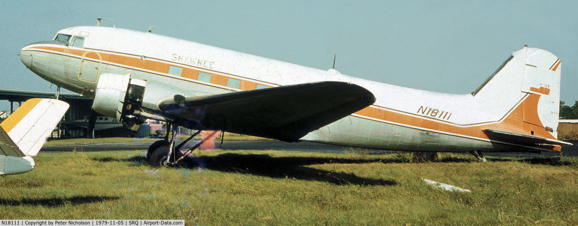 N18111, 1935 Douglas DC-3A-197 C/N 1983, This Shawnee Airlines C-47A was seen at Sarasota in November 1979.