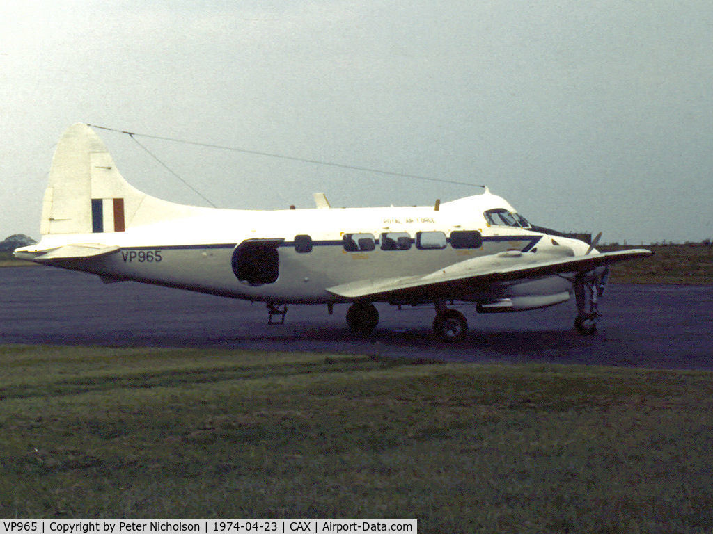 VP965, De Havilland DH-104 Devon C.2 C/N 04258, Devon C.2 of 207 Squadron on a visit to Carlisle in April 1974.