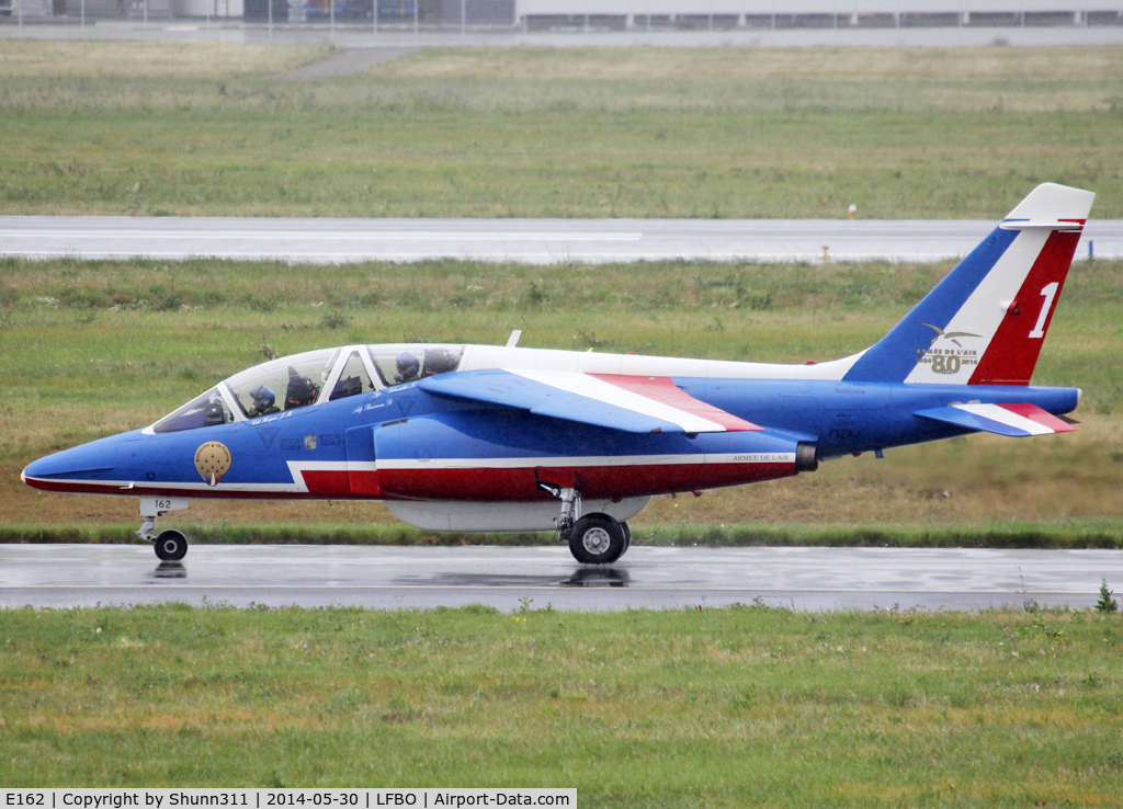 E162, Dassault-Dornier Alpha Jet E C/N E162, Taxiing to the General Aviation area... Participant of the Muret AirExpo Airshow 2014... Additional 80th anniversary patch...