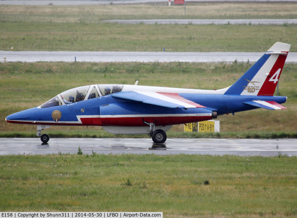 E158, Dassault-Dornier Alpha Jet E C/N E158, Taxiing to the General Aviation area... Participant of the Muret AirExpo Airshow 2014... Additional 80th anniversary patch...