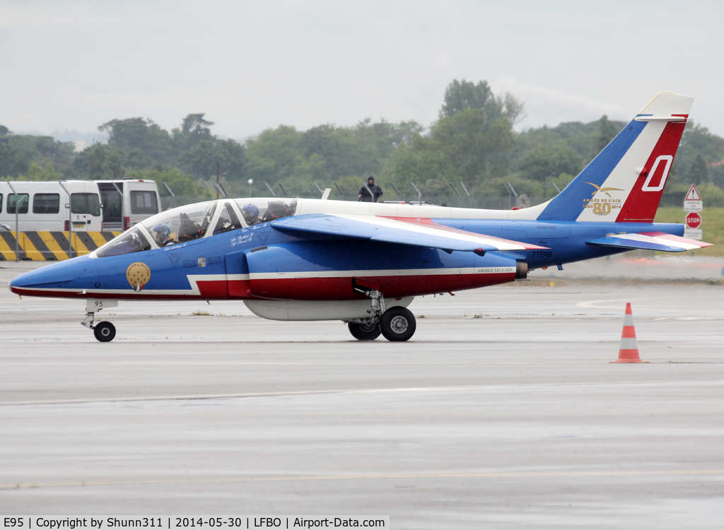 E95, Dassault-Dornier Alpha Jet E C/N E95, Taxiing to the General Aviation area... Participant of the Muret AirExpo Airshow 2014... Additional 80th anniversary patch...