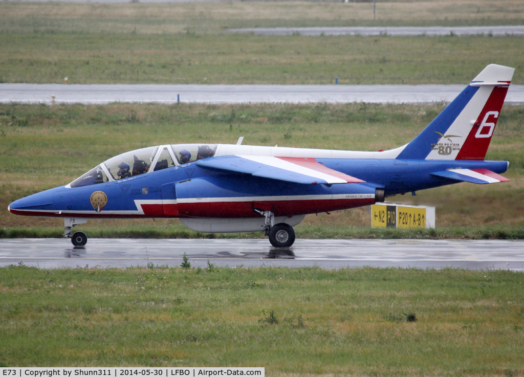 E73, Dassault-Dornier Alpha Jet E C/N E73, Taxiing to the General Aviation area... Participant of the Muret AirExpo Airshow 2014... Additional 80th anniversary patch...