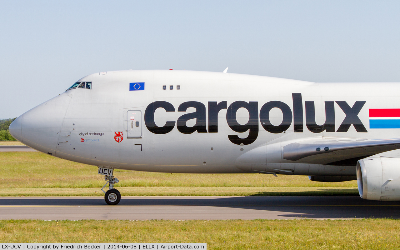 LX-UCV, 2004 Boeing 747-4R7F/SCD C/N 33827, taxying to the cargo center at LUX