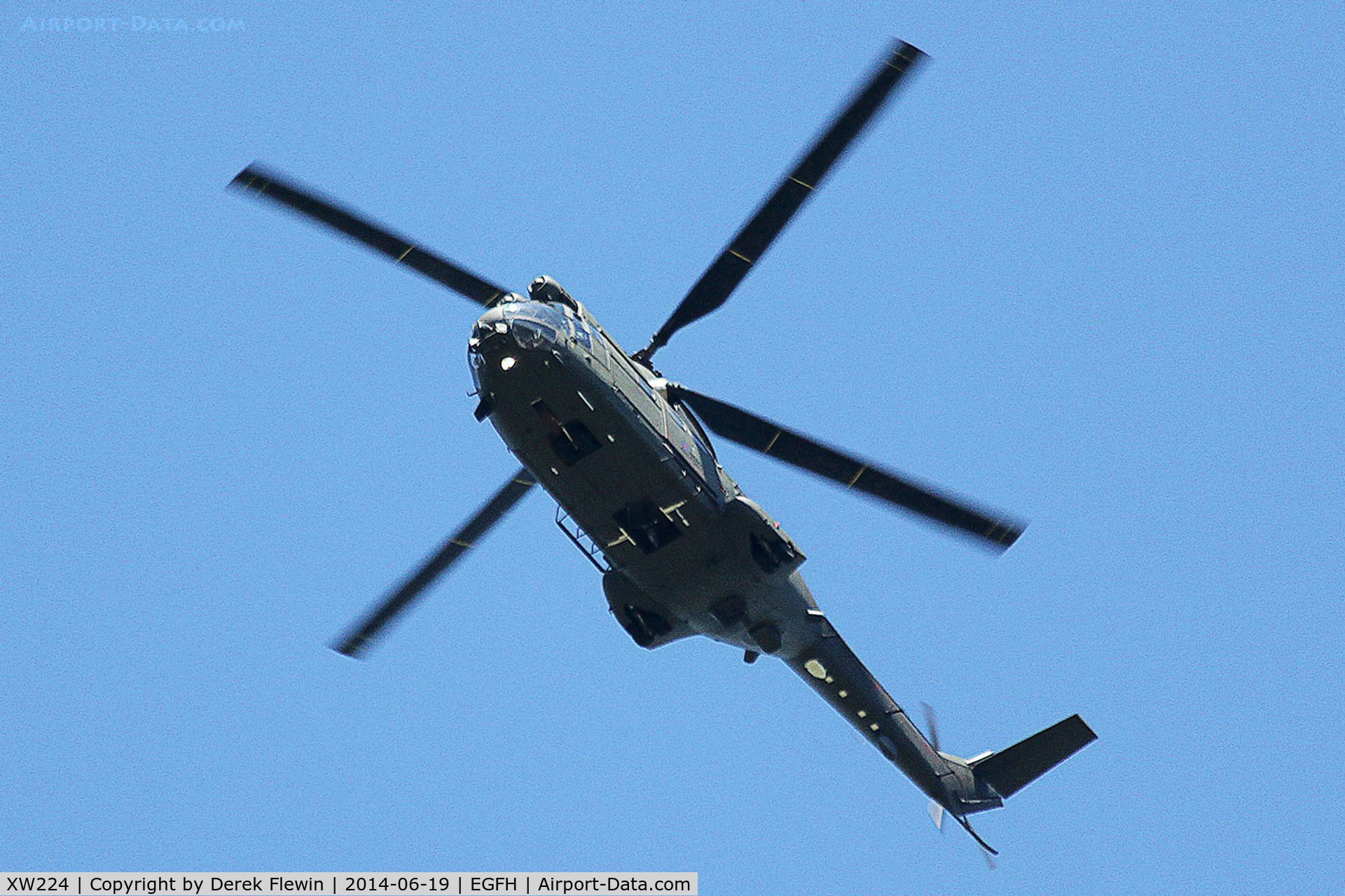XW224, Westland Puma HC.2 C/N 1166, Puma HC.2, call sign BDN035, seen in the overhead at EGFH, leading another Puma.