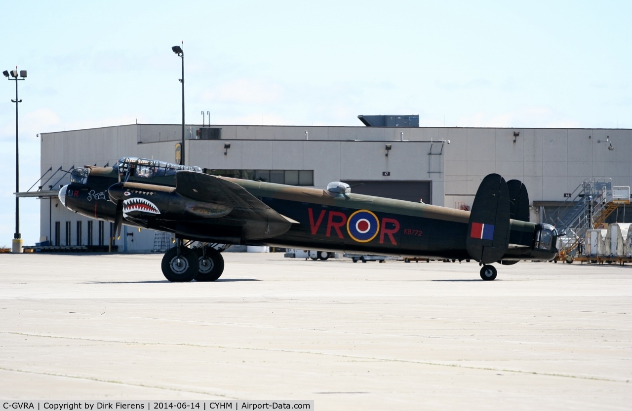C-GVRA, 1945 Victory Aircraft Avro 683 Lancaster BX C/N FM 213 (3414), Seen here at the Hamilton Sky-Fest, taxing out taking members up for a flight around the surrounding area of Hamilton. Also shown are the new temporary tiger teeth markings on the the engines cowlings of 