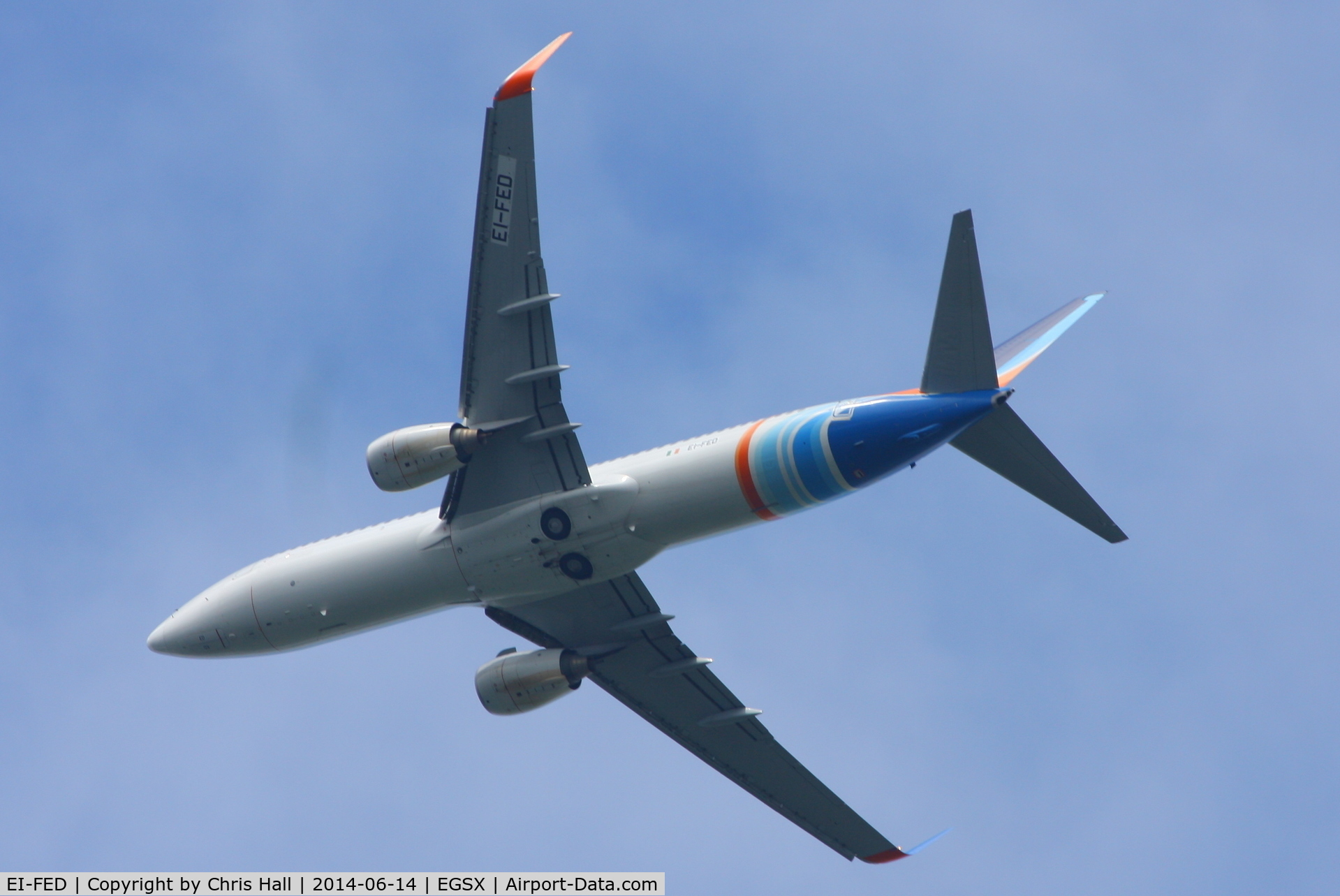 EI-FED, 2009 Boeing 737-8KN C/N 40236, Ryanair B737 leased from flydubai, over North Weald airfield inbound to Stansted