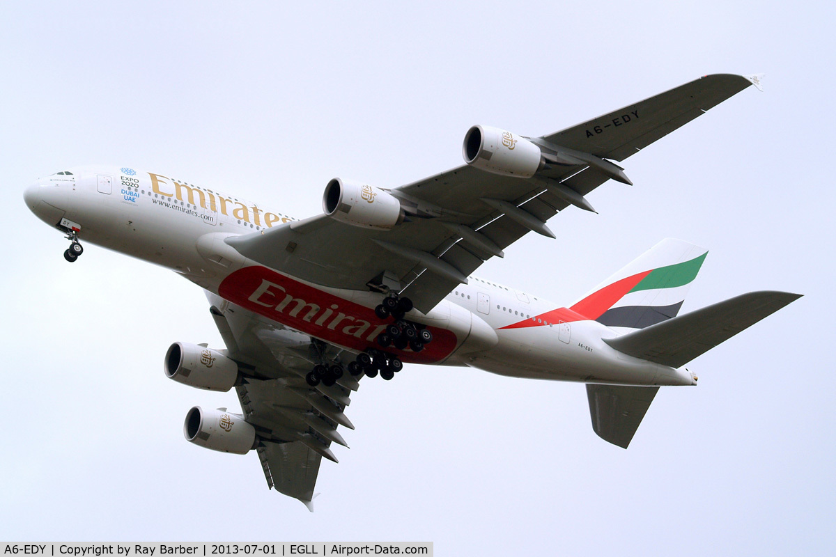 A6-EDY, 2012 Airbus A380-861 C/N 106, Airbus 380-861 [106] (Emirates Airlines) Home~G 01/07/2013. On approach 27R.