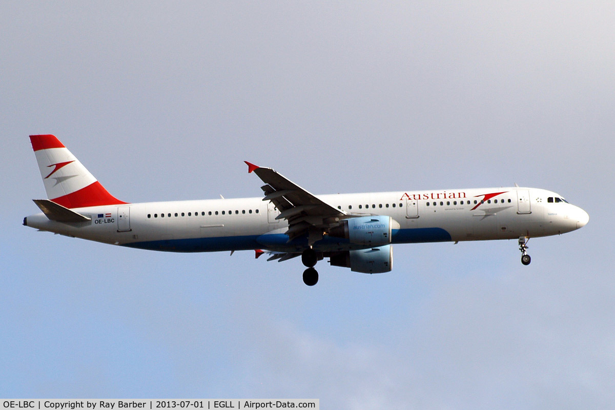 OE-LBC, 1996 Airbus A321-111 C/N 581, Airbus A321-111 [0581] (Austrian Airlines) Home~G 01/07/2013. On approach 27L.