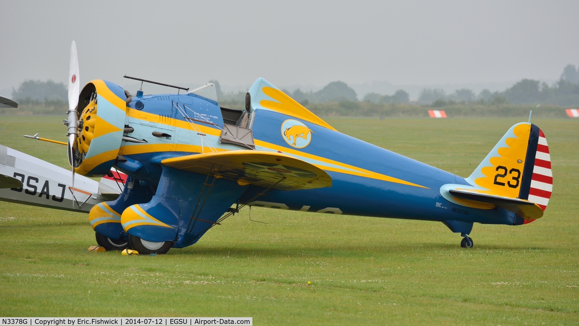 N3378G, 1933 Boeing P-26 Peashooter C/N 33123, 1. N3378G 'Peashooter' emerging from the mist at The Flying Legends Air Show, IWM Duxford. July,2014.