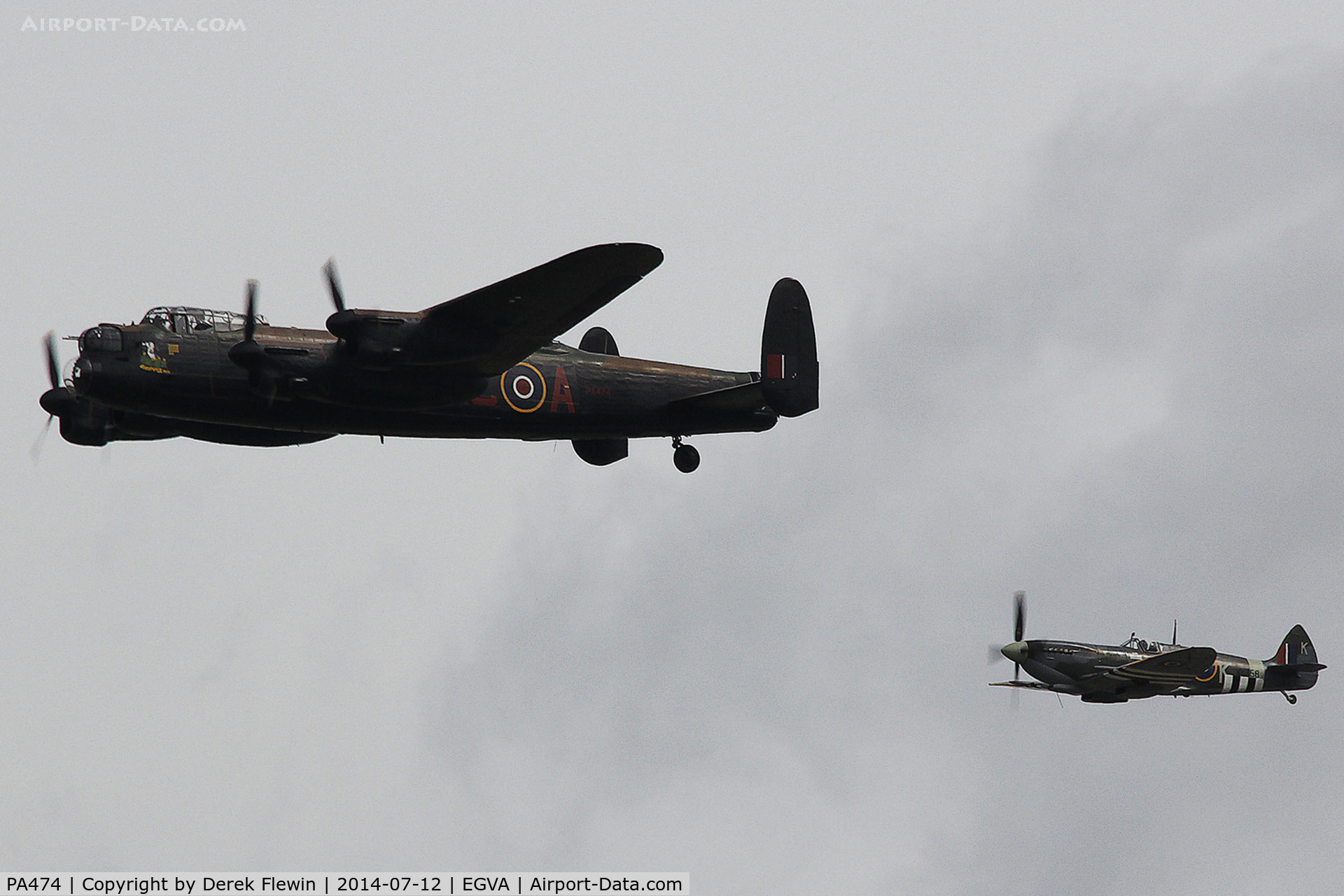 PA474, 1945 Avro 683 Lancaster B1 C/N VACH0052/D2973, RIAT 2014, Lancaster B1, seen leading Spitfire LF.IXc, of the Battle of Britain Memorial Flight, overflying the Domestc Site at RAF Fairford.