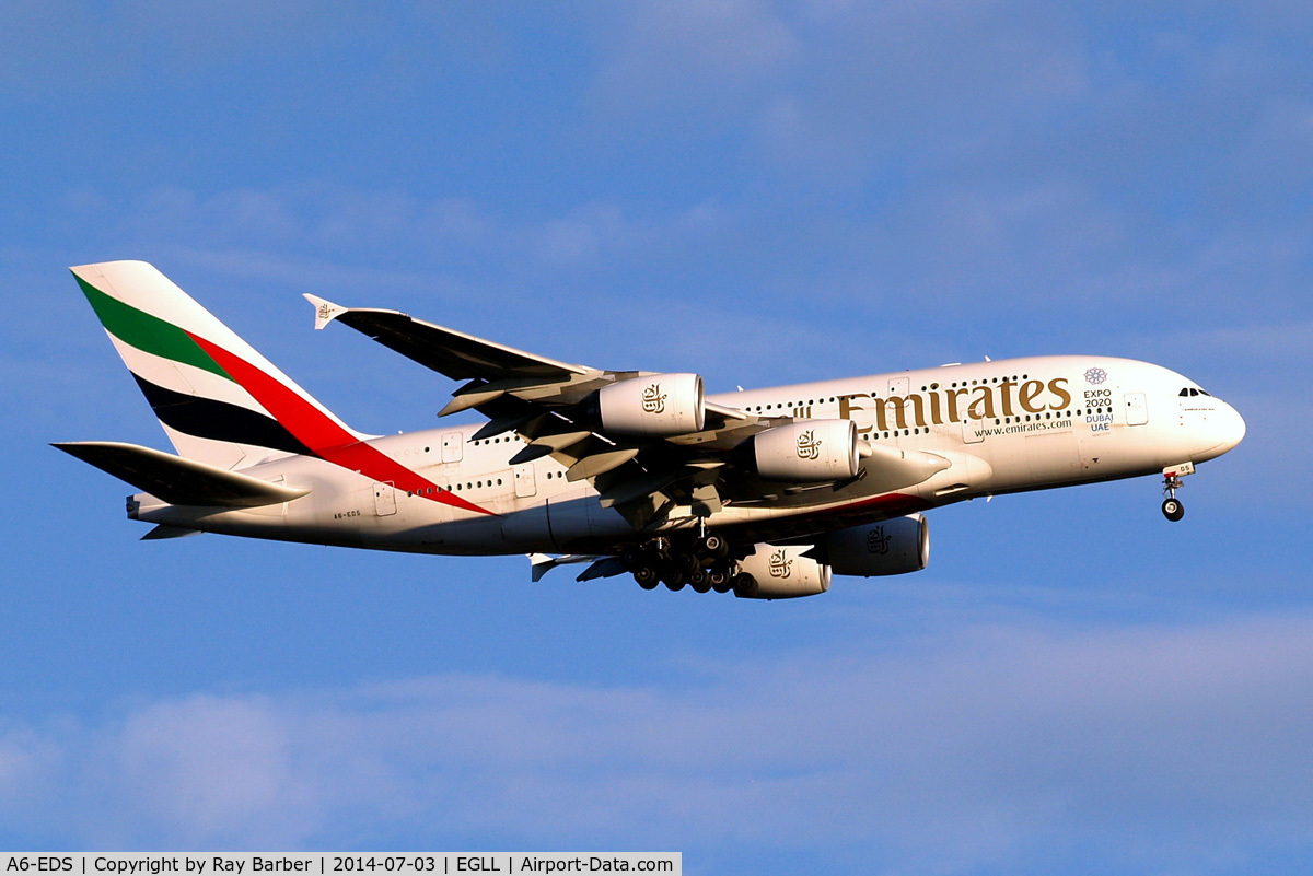 A6-EDS, 2011 Airbus A380-861 C/N 086, Airbus A380-861 [086] (Emirates Airlines) Home~G 03/07/2014. On approach 27L . Now with 