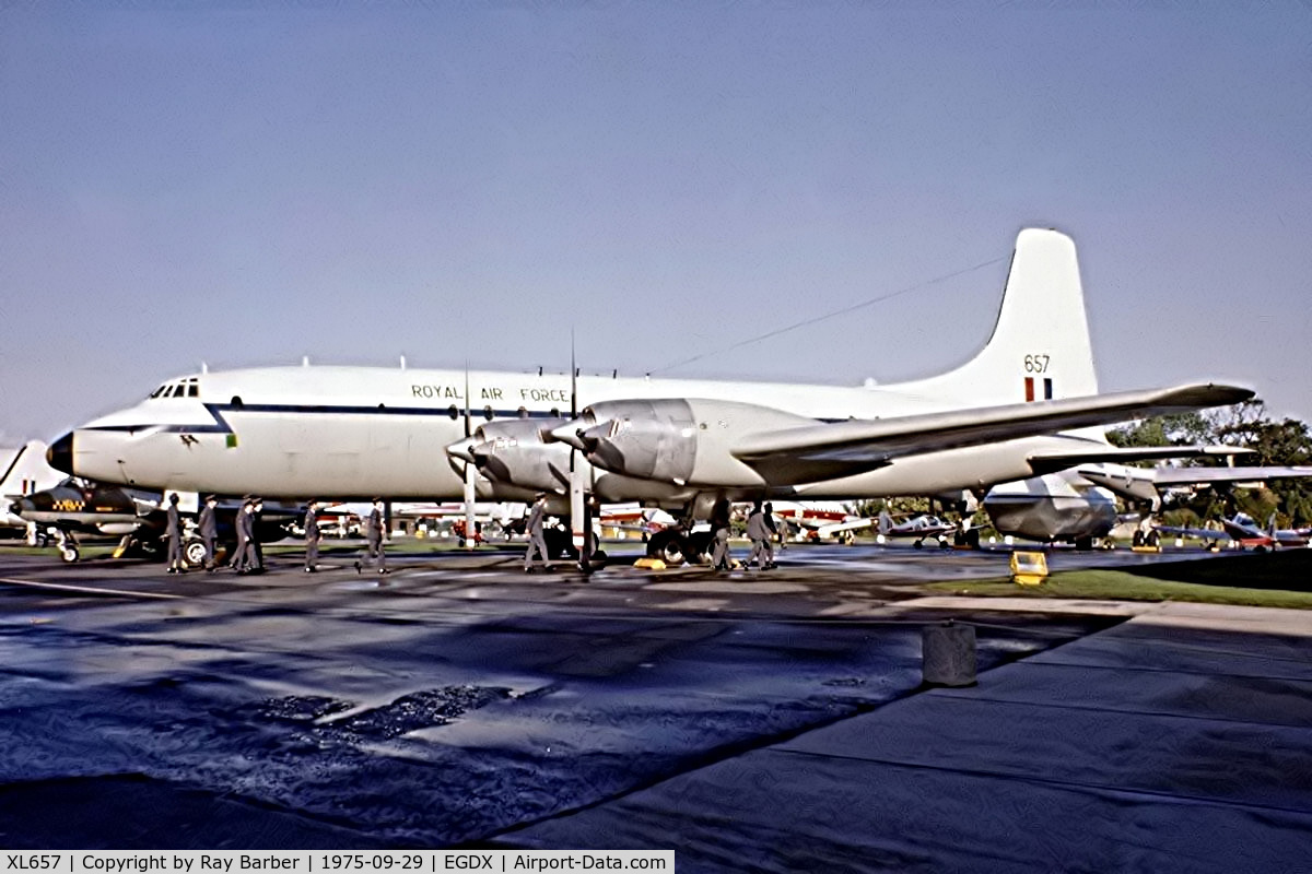 XL657, 1959 Bristol Britannia C.1 (175 Britannia 253F) C/N 13454, Bristol Britannia C.1 [13454] (Royal Air Force) RAF St. Athan~G 20/09/1975. From a slide.