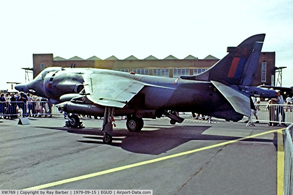 XW769, 1971 Hawker Siddeley Harrier GR.3 C/N 712086, BAe Systems Harrier GR.3 [712086] (Royal Air Force) RAF Abingdon~G 15/09/1979.From a slide.
