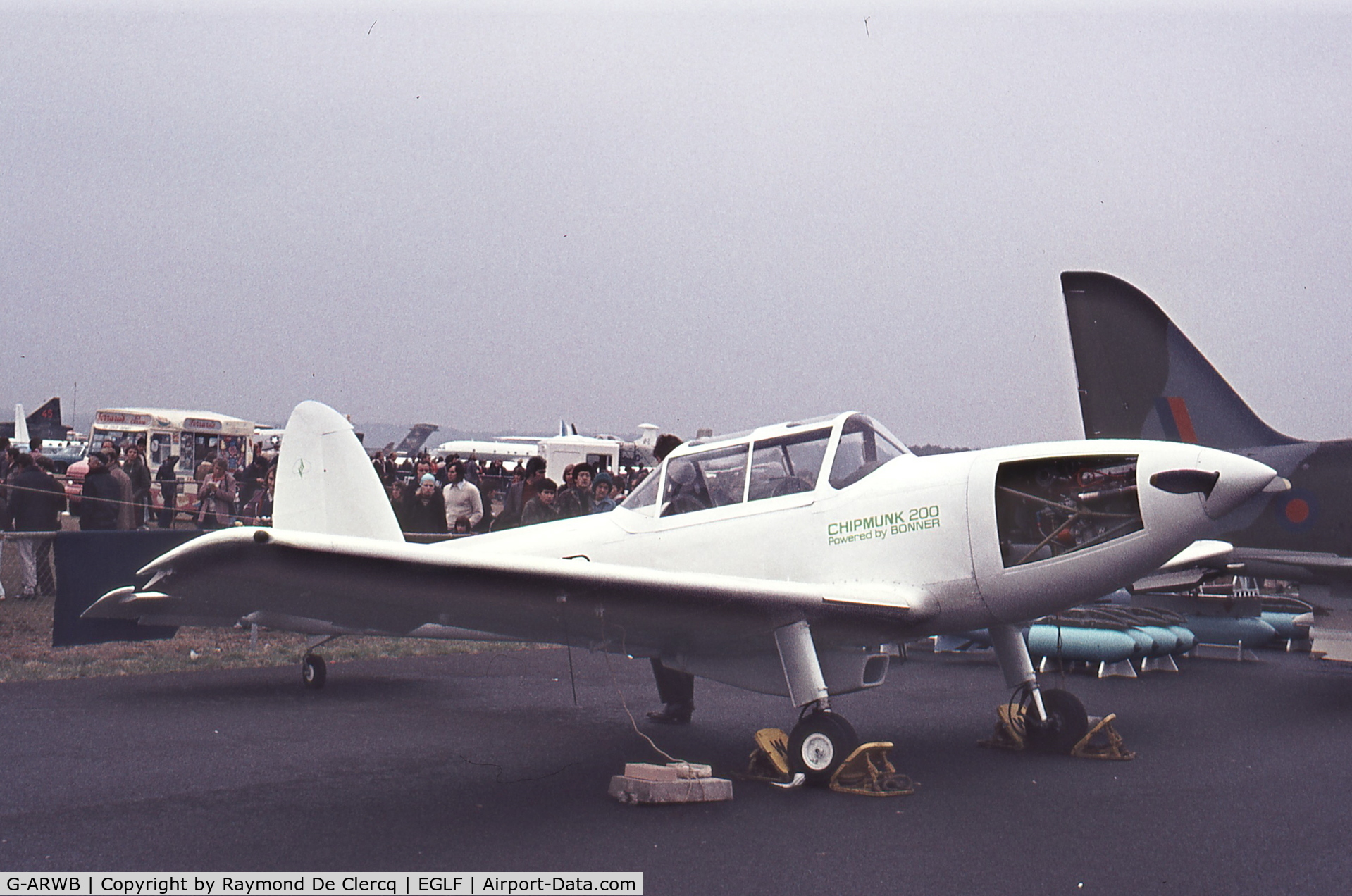 G-ARWB, 1952 De Havilland DHC-1 Chipmunk 22A C/N C1/0621, Seen at Farnborough in 1976.Bill Bonner conversion with a V6 watercooled car engine giving 200HP.
Later replaced by a Gipsy Major.