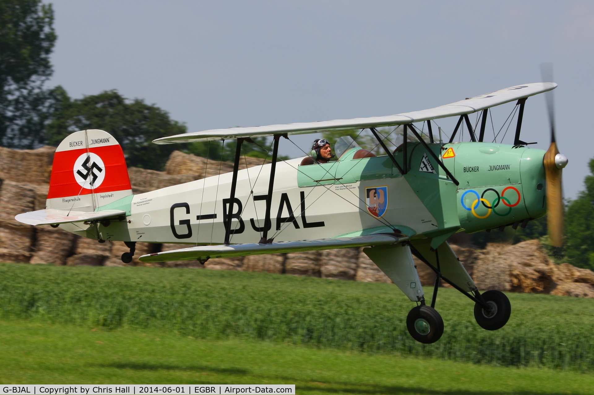 G-BJAL, 1957 Bucker 1-131E Jungmann C/N 1028, at Breighton's Open Cockpit & Biplane Fly-in, 2014