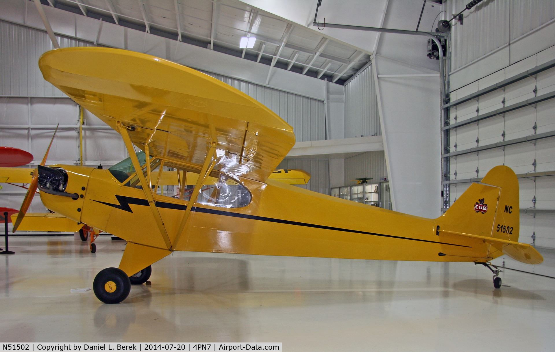 N51502, 1942 Piper J3C-65 Cub Cub C/N 9790, This Piper Cub is now part of the Eagle's Mere Air Museum Collection.  When she's not flying, she is a prominent display in this new museum.