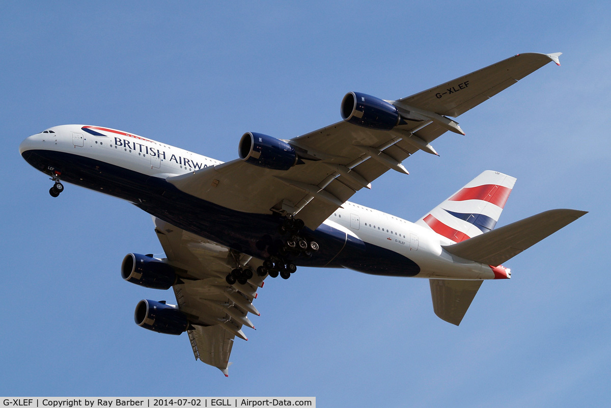 G-XLEF, 2013 Airbus A380-841 C/N 151, Airbus A380-841 [151] (British Airways) Home~G 02/07/2014. On approach 27R.