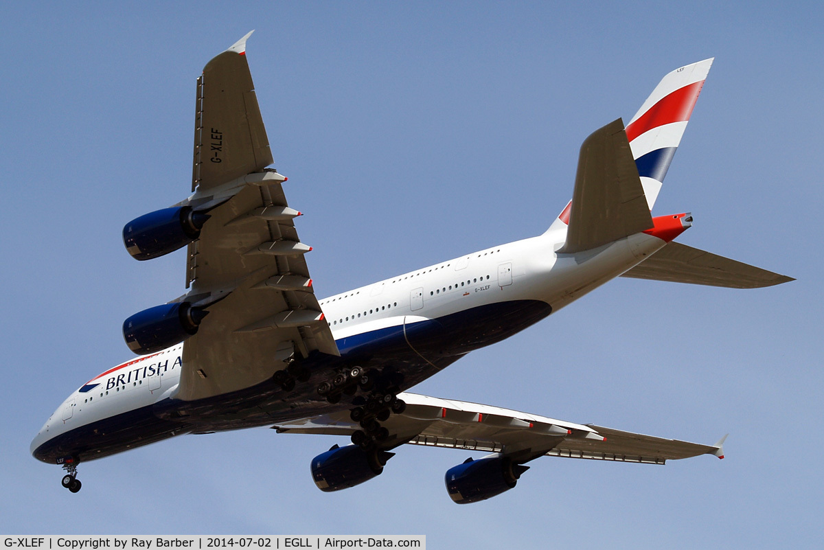 G-XLEF, 2013 Airbus A380-841 C/N 151, Airbus A380-841 [151] (British Airways) Home~G 02/07/2014. On approach 27R.