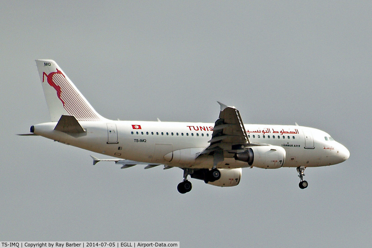TS-IMQ, 2007 Airbus A319-112 C/N 3096, Airbus A319-114 [3096] (Tunisair) Home~G 05/07/2014. On approach 27L.