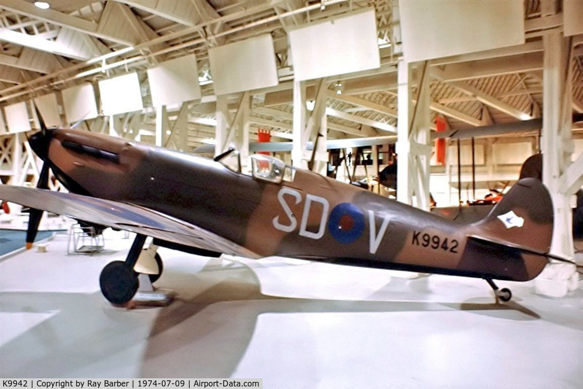 K9942, 1939 Supermarine Spitfire Mk IA C/N 6S/30225, Supermarine Spitfire Mk.Ia [6S/30225] (Royal Air Force) Hendon~G 09/07/1974. From a slide.