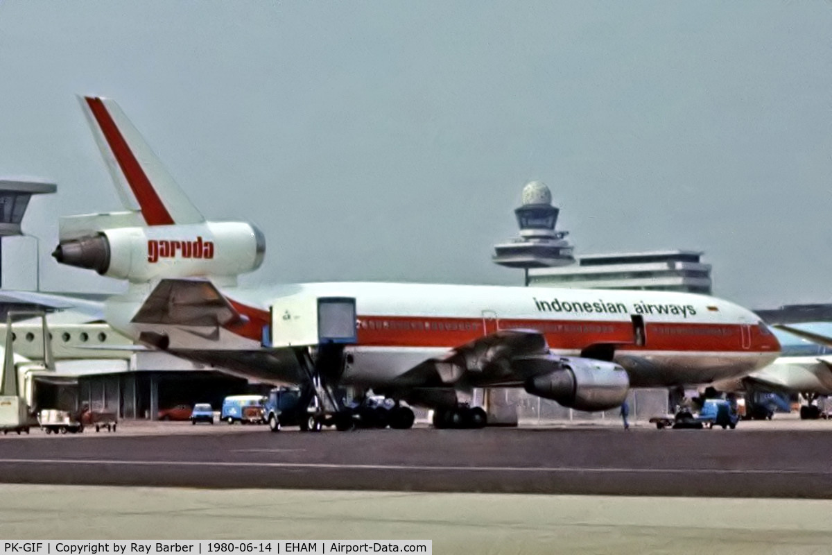PK-GIF, 1979 Douglas DC-10-30 C/N 46686, McDonnell Douglas DC-10-30 [46686] (Garuda Indonesian Airways) Amsterdam-Schiphol~PH 14/06/1980. From a slide.