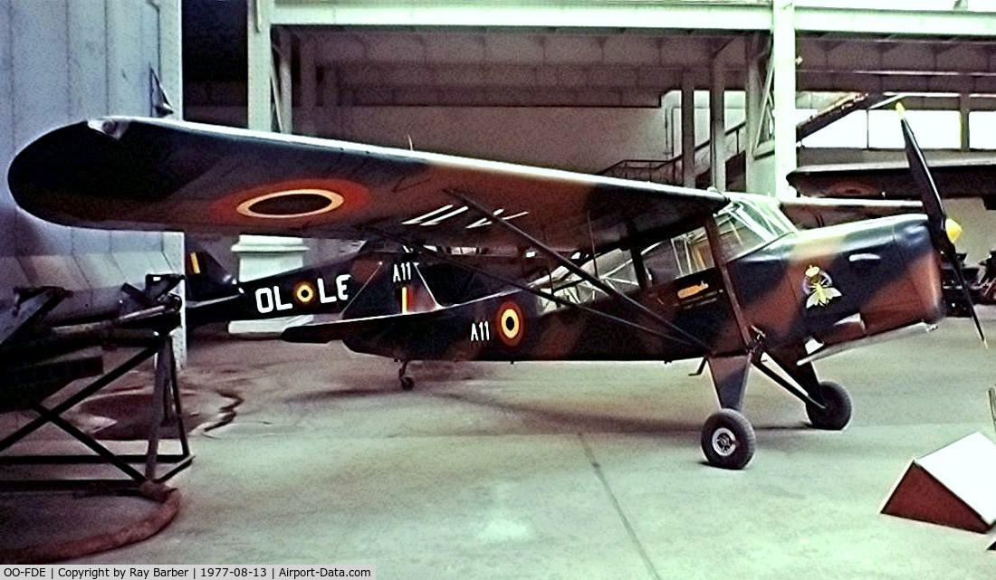 OO-FDE, Auster AOP.6 C/N 2826, Auster AOP.6 [2826] (Belgian Air Force) Brussels Museum~OO 13/08/1977. From a slide.