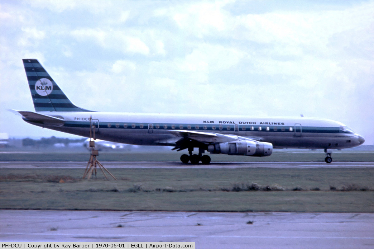 PH-DCU, 1966 Douglas DC-8-55F C/N 45859, Douglas DC-8-55 [45859] (KLM Royal Dutch Airlines) Heathrow~G 01/06/1970. Departing 28R. Date approximate. From a slide.