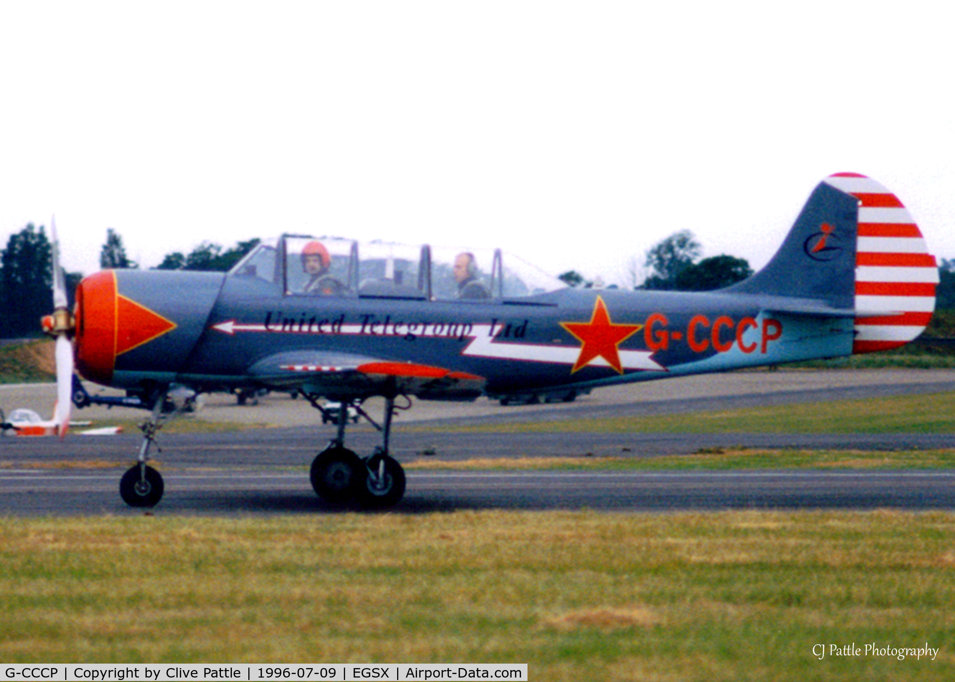 G-CCCP, 1982 Bacau Yak-52 C/N 899404, Scanned from print, Yak-52 G-CCCP taxies out from North Weald, July '96.