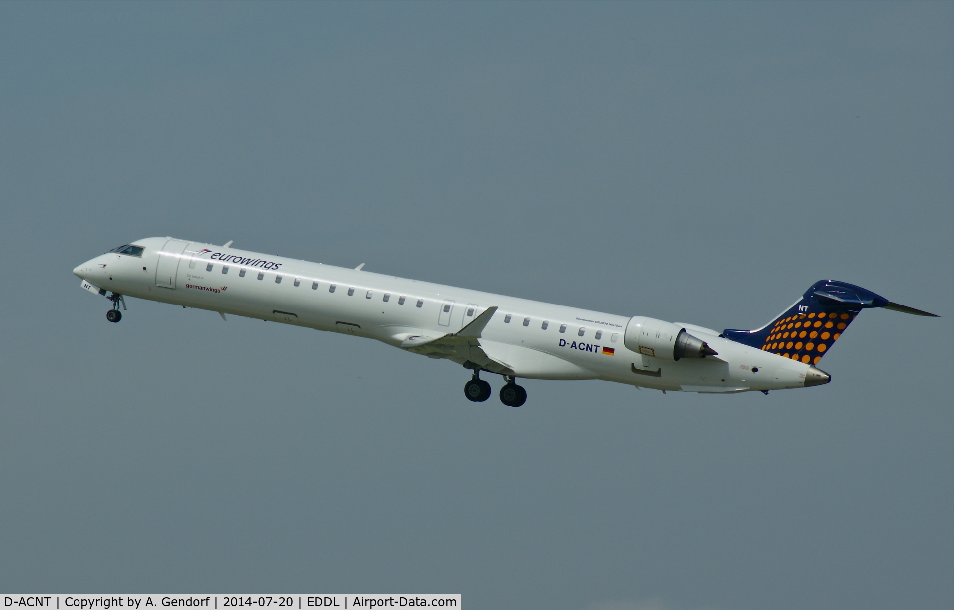 D-ACNT, 2011 Bombardier CRJ-900 NG (CL-600-2D24) C/N 15264, Eurowings, is here leaving Düsseldorf Int'l(EDDL)