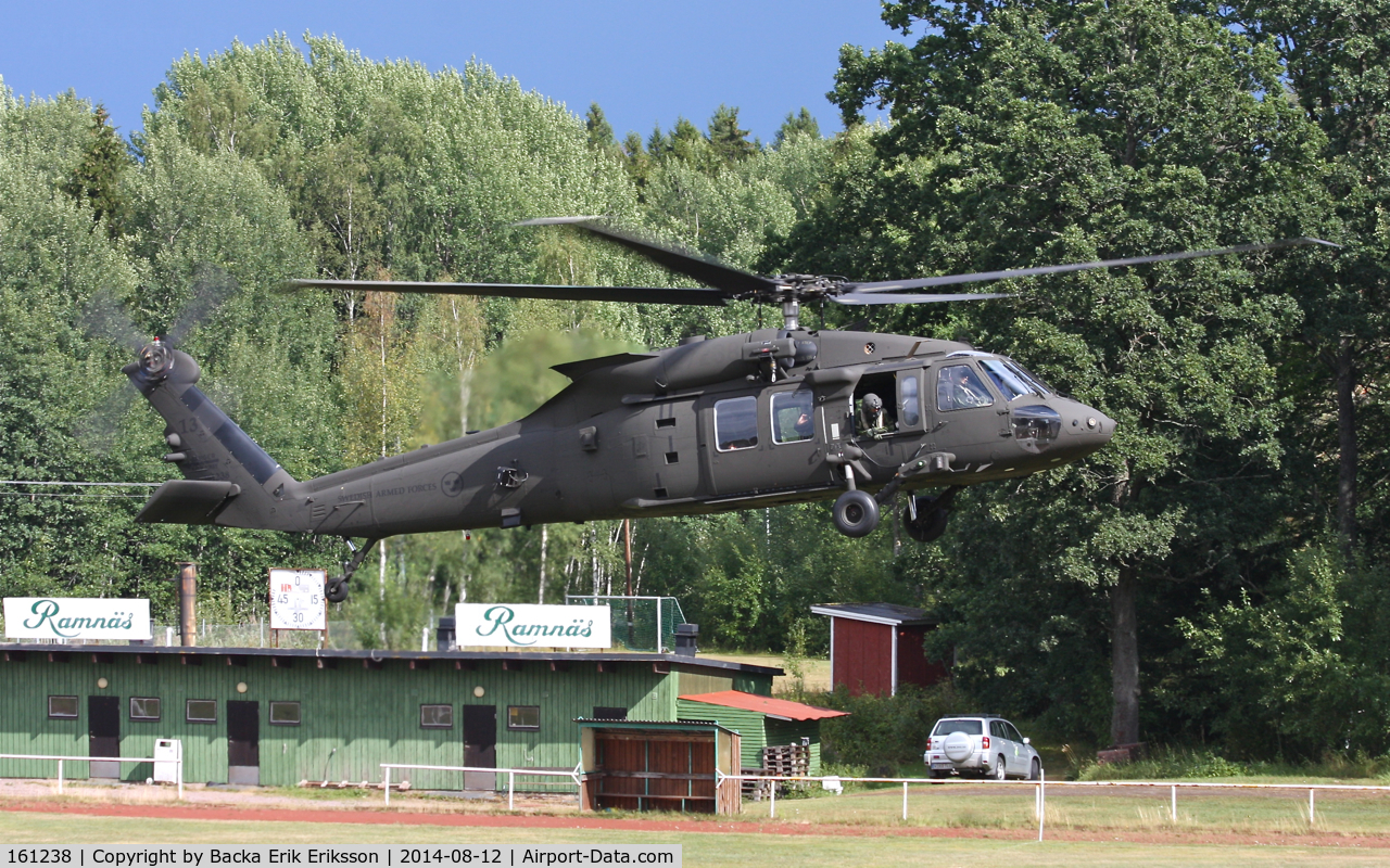 161238, Sikorsky Hkp16A Black Hawk (UH-60M) C/N 11-27233, Landing at the sports ground in Ramnäs, Sweden. This day the sports ground was a base for two Blackhawks and one police helicopter due to the big forest fire in Västmanland.