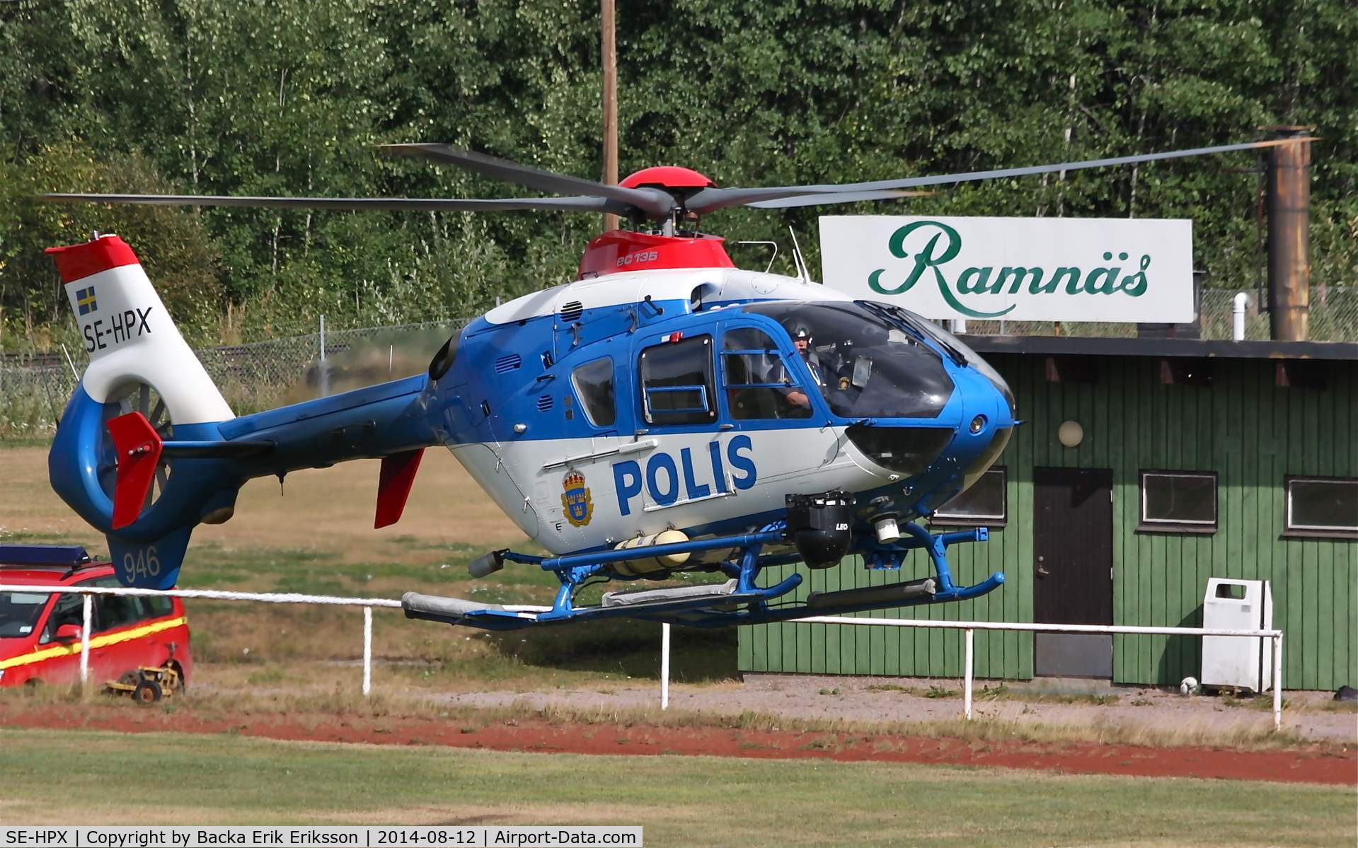 SE-HPX, 2002 Eurocopter EC-135P-2+ C/N 0240, Landing at the sports ground in Ramnäs, Sweden. This day the sports ground was a base for two Blackhawks and one police helicopter due to the big forest fire in Västmanland.