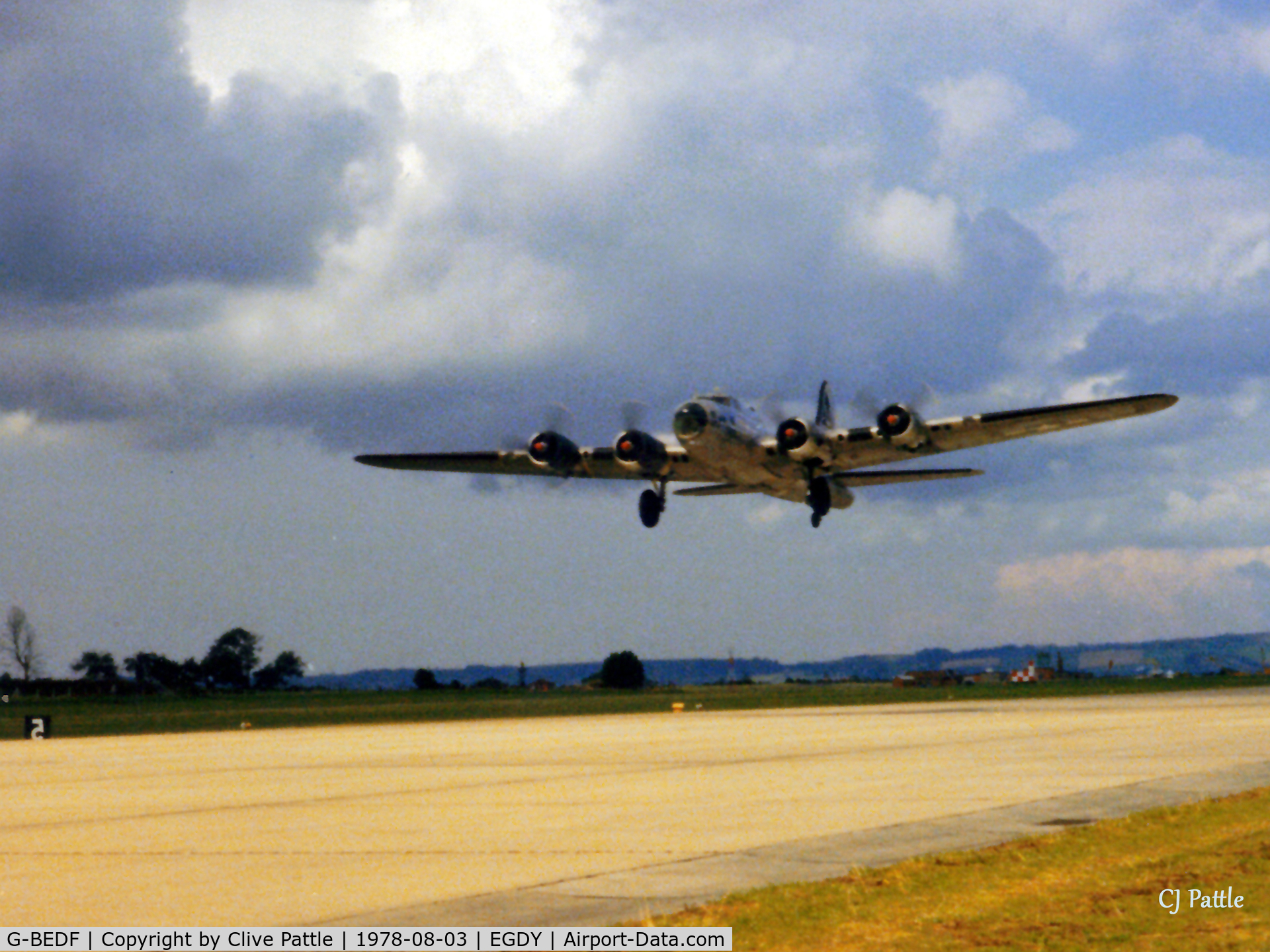 G-BEDF, 1944 Boeing B-17G Flying Fortress C/N 8693, Scanned from print. B-17 G-BEDF in her 'Sally B' silver scheme lifts off from RNAS Yeovilton in August '78 during the Air Day.