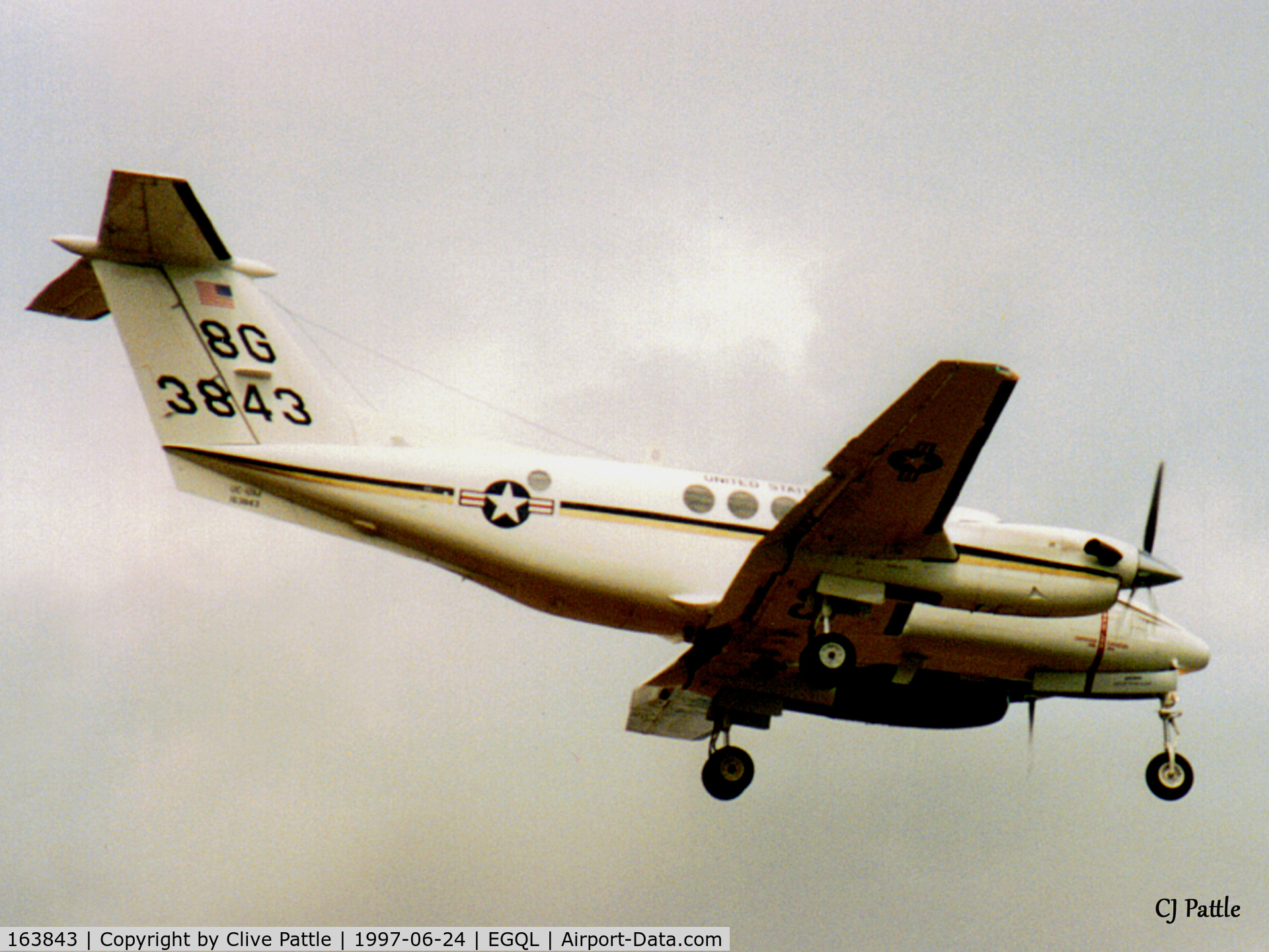 163843, 1987 Beech UC-12M Huron C/N BV-8, Scanned from print - Seen landing at RAF Leuchars (EGQL) on one of its frequent visits, USN Huron 163843 from RAF Mildenhall.