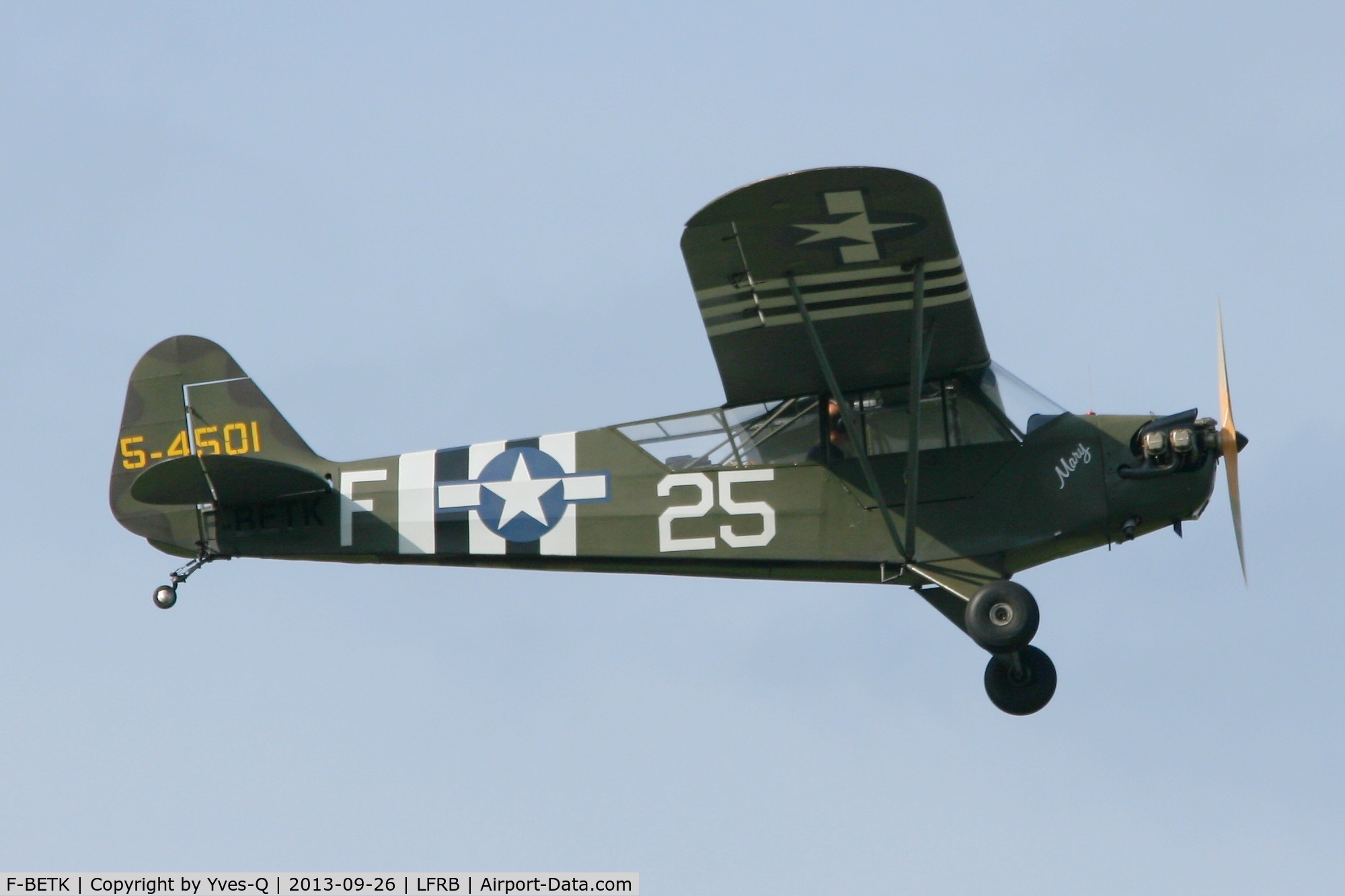 F-BETK, 1945 Piper L-4J Grasshopper (J3C-65D) C/N 13241, Piper J3C-65 Cub, Take off rwy 07R, Brest-Bretagne Airport (LFRB-BES)
