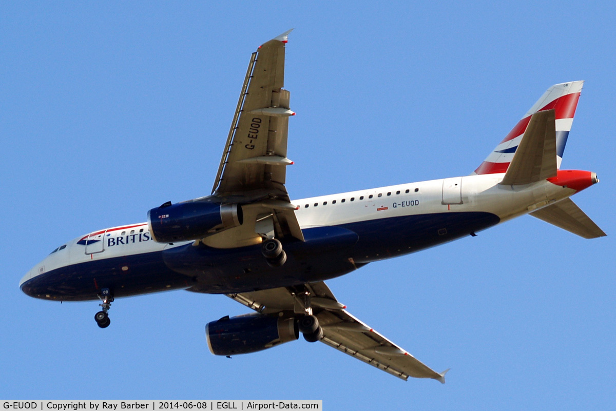 G-EUOD, 2001 Airbus A319-131 C/N 1558, Airbus A319-131 [British Airways) Home~G 08/06/2014. On approach 27R.