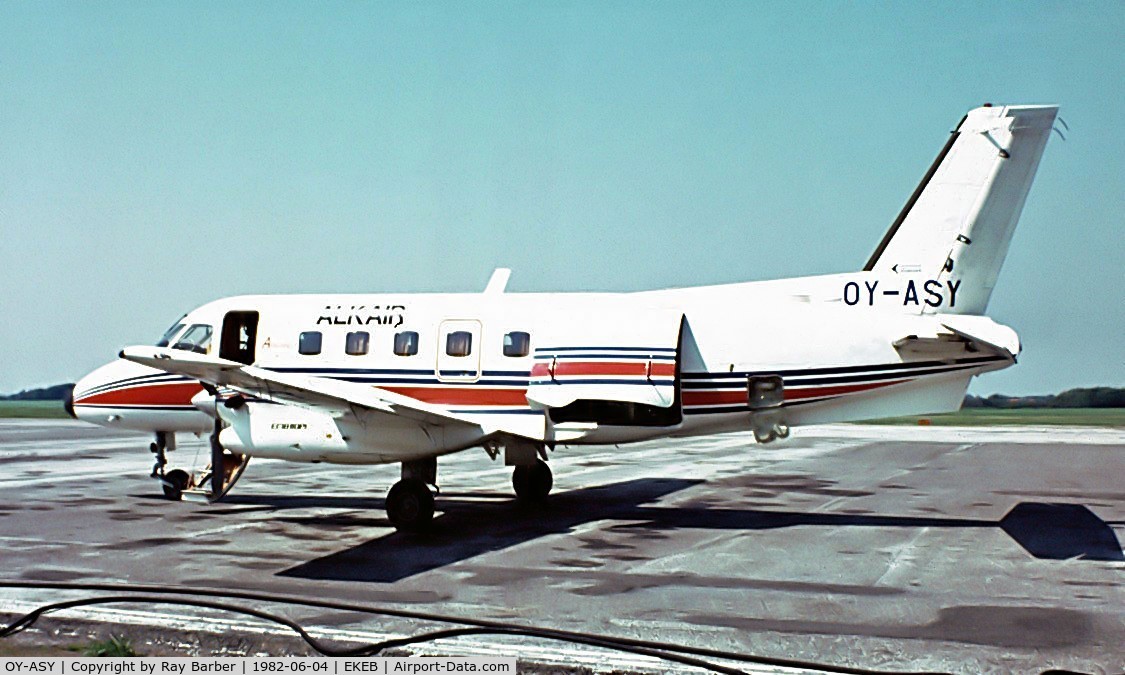 OY-ASY, 1980 Embraer EMB-110P1 Bandeirante C/N 110308, Embraer EMB-110P1 Bandeirante [110308] (Alkair Flight Operations) Esbjerg~OY 04/06/1982. From a slide.