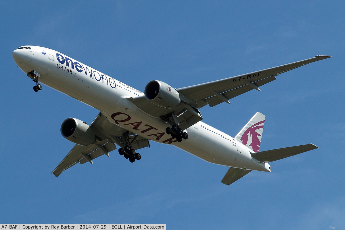 A7-BAF, 2009 Boeing 777-3DZ/ER C/N 37661, Boeing 777-3DZER [37661] (Qatar Airways) Home~G 29/07/2014. On approach 27R now with 