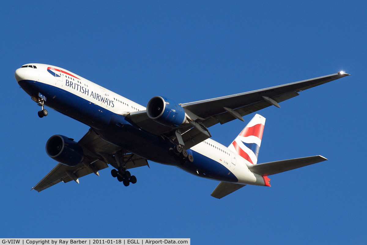 G-VIIW, 1999 Boeing 777-236 C/N 29965, Boeing 777-236ER [29965] (British Airways) Home~G 18/01/2011. On approach 27R.