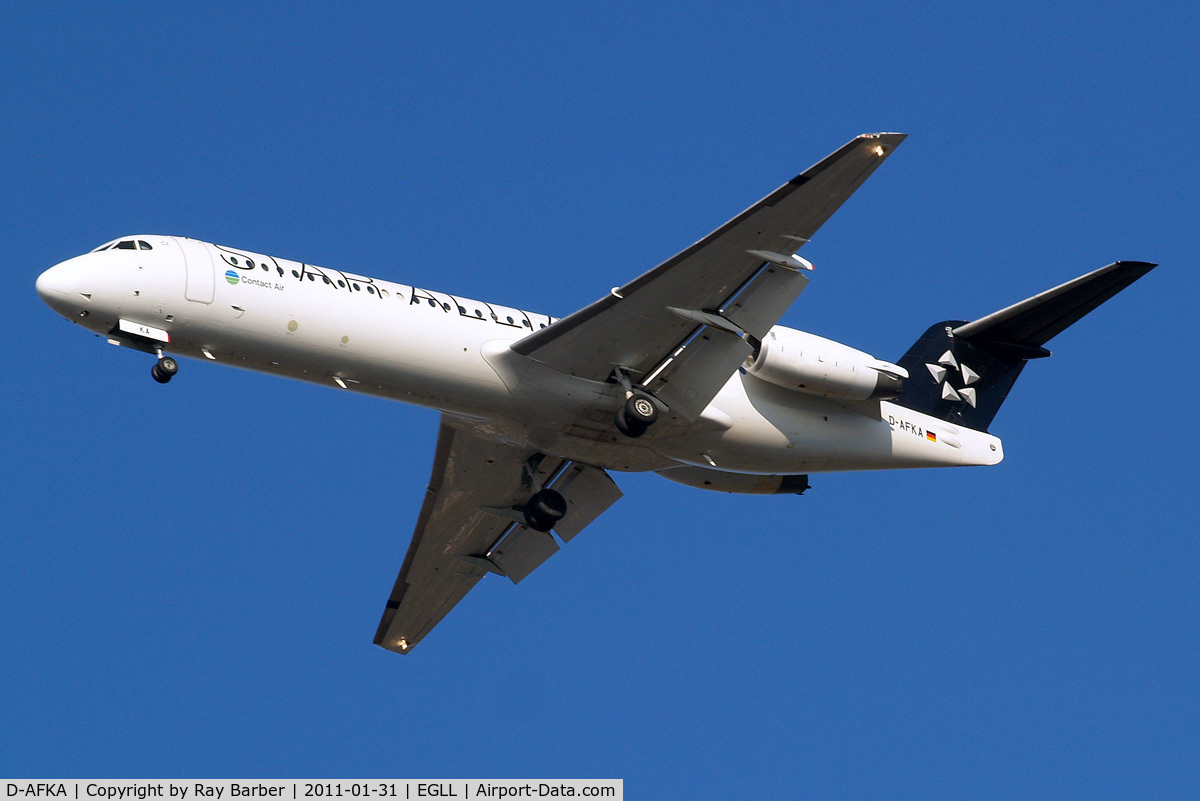 D-AFKA, 1994 Fokker 100 (F-28-0100) C/N 11517, Fokker F-100 [11517] (Contact Air/Lufthansa Regional) Home~G 31/01/2011. On approach 27R.