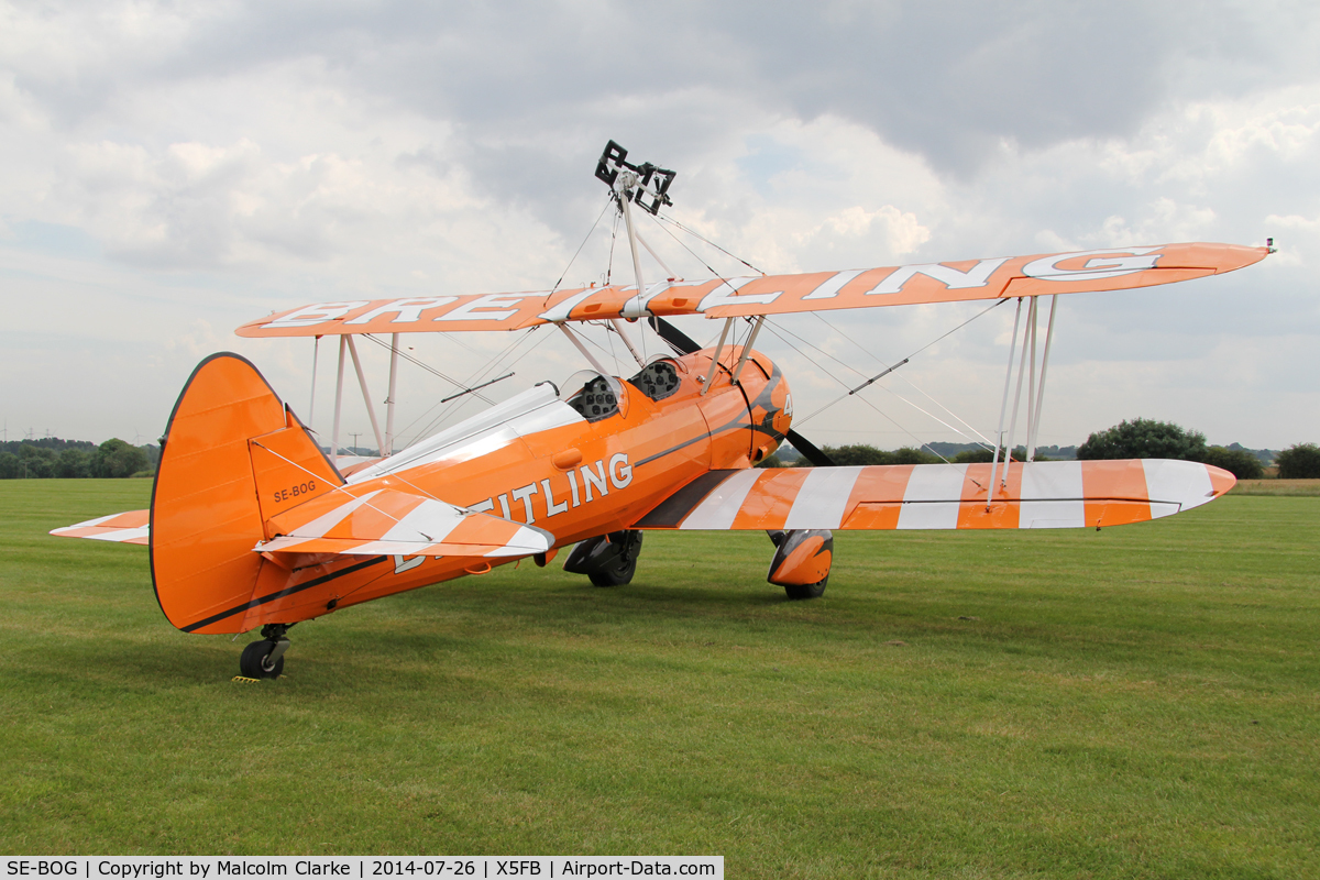 SE-BOG, 1942 Boeing N2S-3 Kaydet (B75N1) C/N 75-7128, Boeing B75N-1 Stearman prior to a wing walking performance at the 2014 Sunderland Air Show. Fishburn Airfield, July 2014.