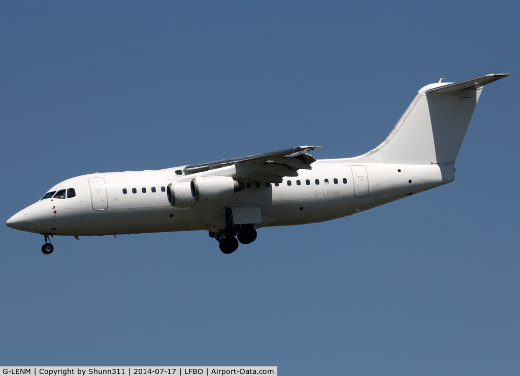 G-LENM, 1995 British Aerospace Avro 146-RJ85 C/N E.2273, Landing rwy 32L in all white c/s without titles... FlyBe flight this day... Operated by Cello Aviation