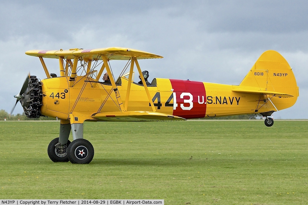 N43YP, 1942 Boeing E75 C/N 75-6018, Arriving at 2014 LAA Rally at Sywell