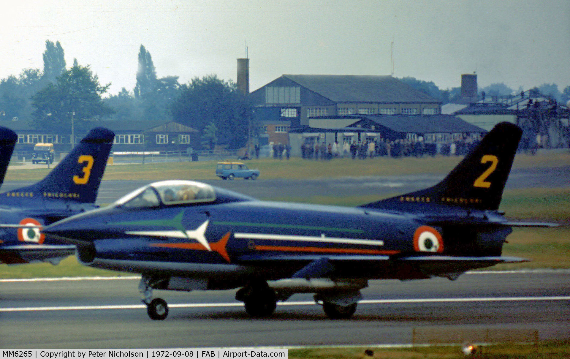 MM6265, Fiat G-91PAN C/N 31, Fiat G-91PAN number 2 of the Italian Air Force's demonstration team Frecce Tricolori at the 1972 Farnborough Airshow.
